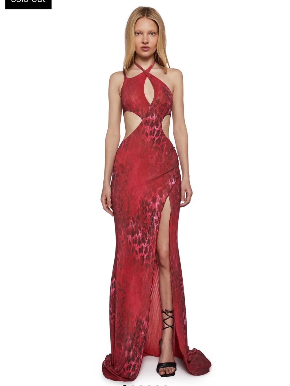 Red leopard Cutout Halter Maxi Dress with Side Slit
